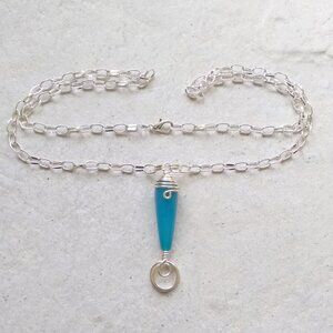Aqua Blue! Long Agate Teardrop Gemstone Pendant + Chain! Beachy Coastal Grandma